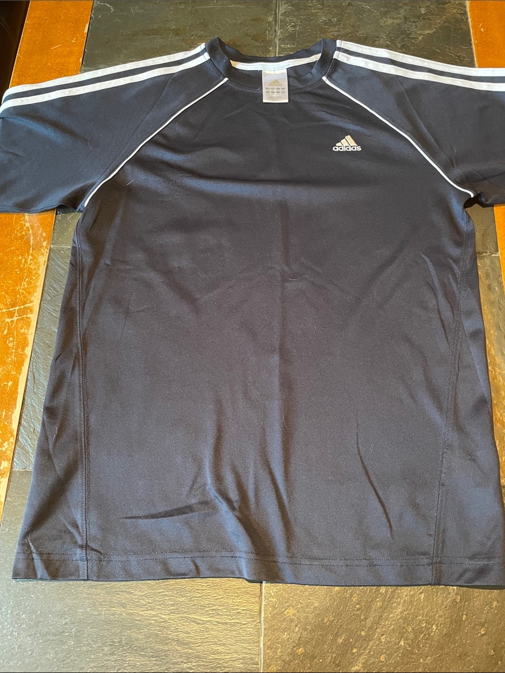 adidas Navy Short Sleeve Athletic Tee with White Stripes